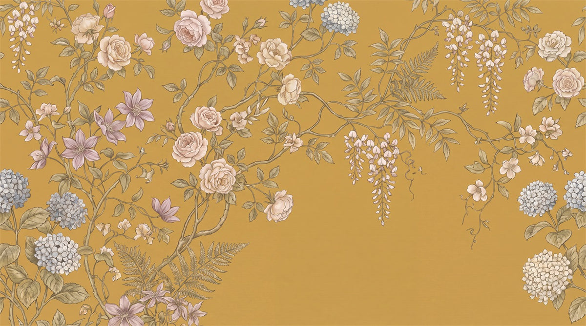Ochre Floral Chinoiserie Wallpaper Mural - 2