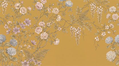Ochre Floral Chinoiserie Wallpaper Mural - 2