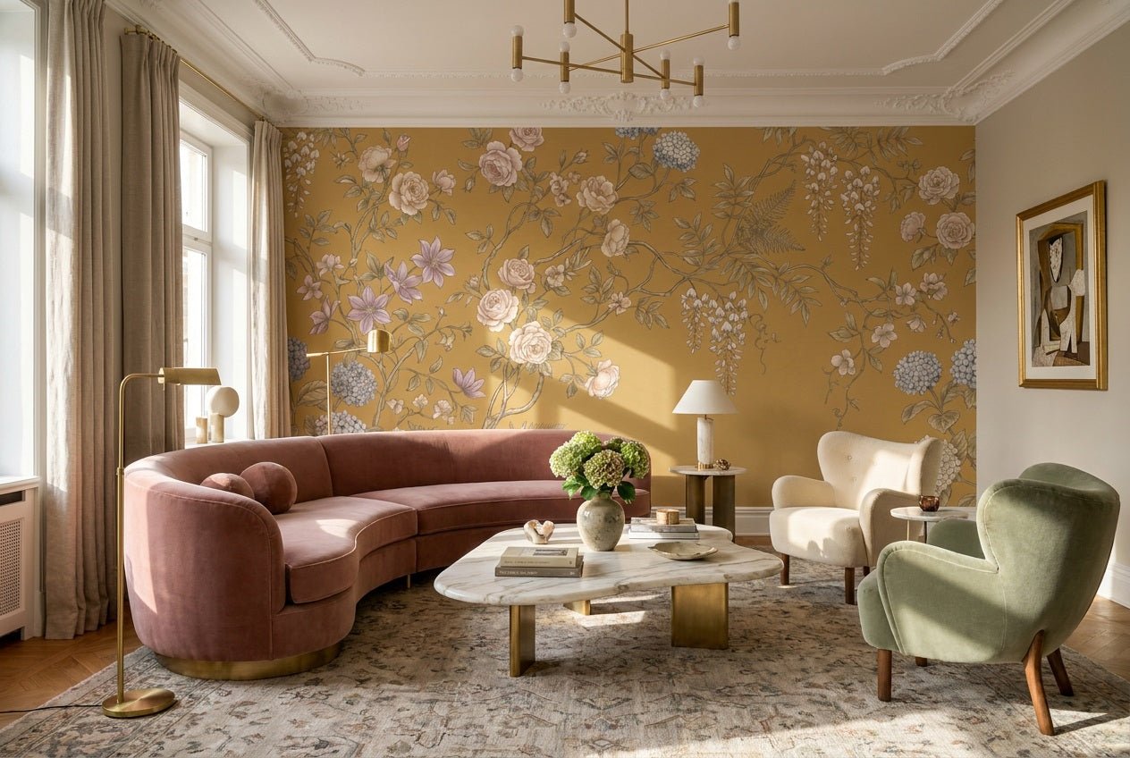 Ochre Floral Chinoiserie Wallpaper Mural - 5