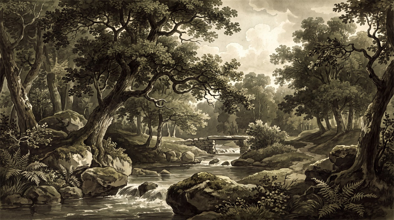 Olive Woodland Stream Wallpaper Mural - 2