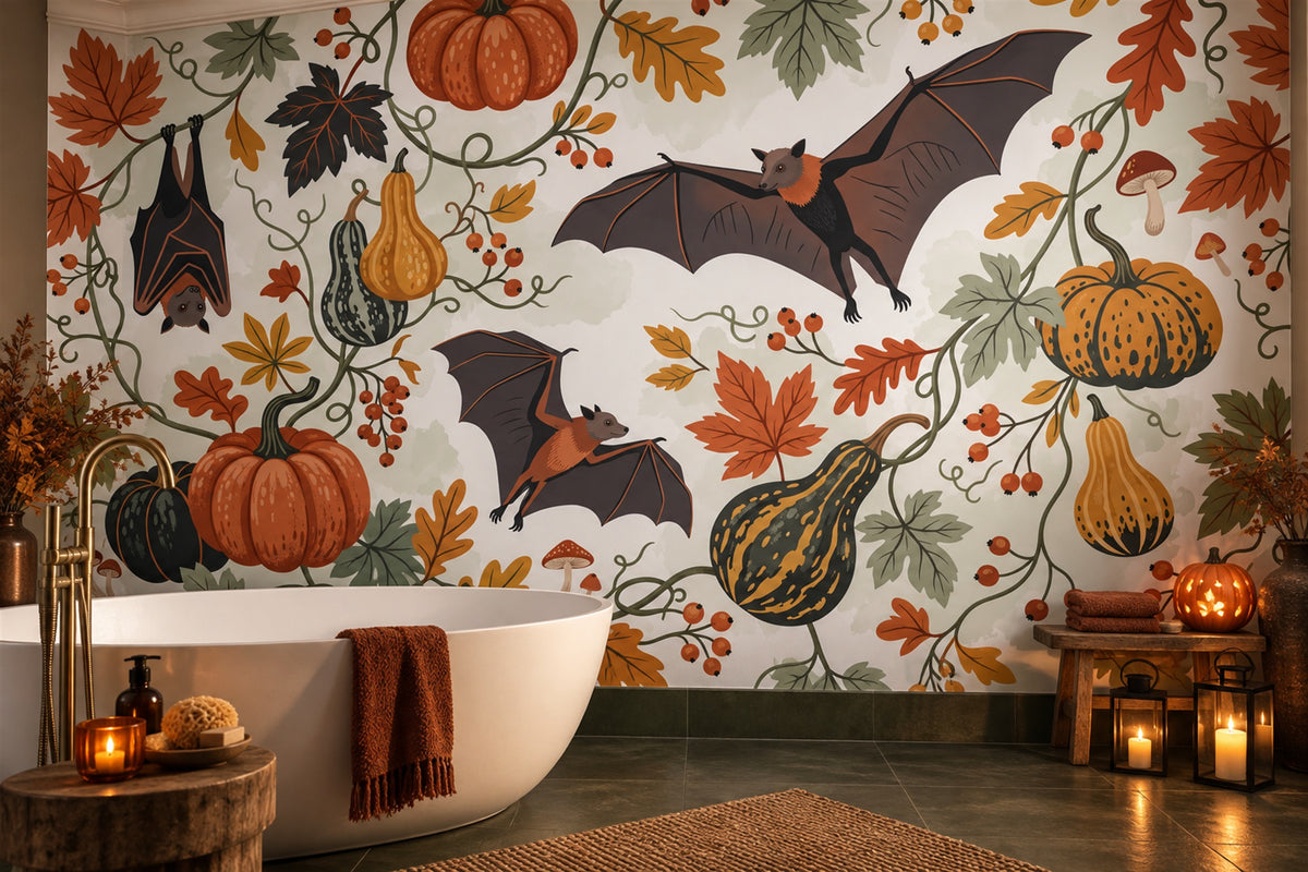 Bats Pumpkins Gourds and Autumn Leaves Halloween Wallpaper Mural - image 3
