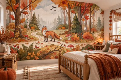 Fox in Autumn Forest with Tiny Ghosts Halloween Wallpaper Mural - image 3