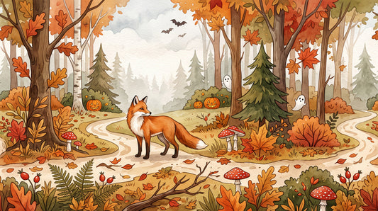 Fox in Autumn Forest with Tiny Ghosts Halloween Wallpaper Mural - image 2