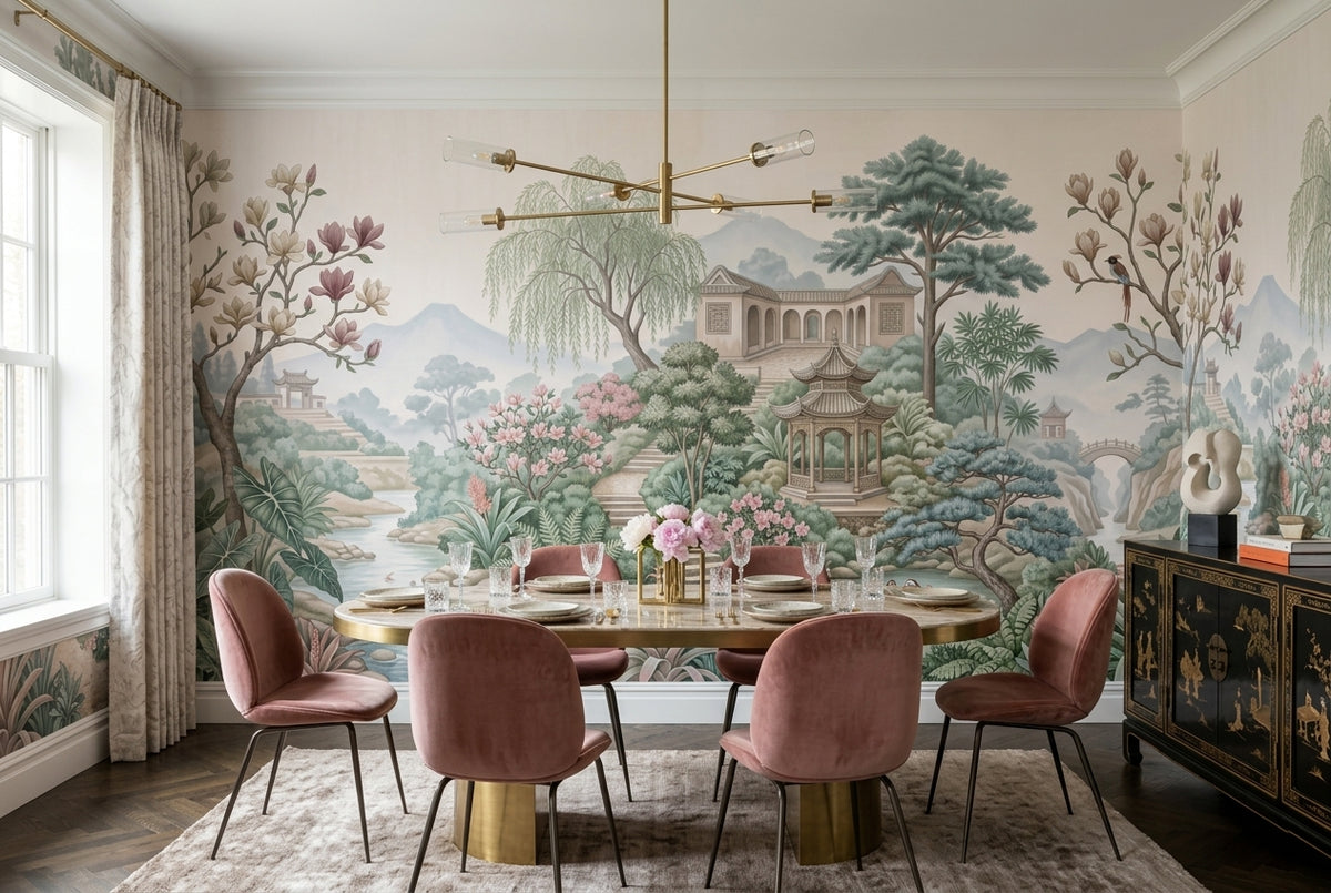 Pastel Chinese Garden Chinoiserie Wallpaper Mural - 1