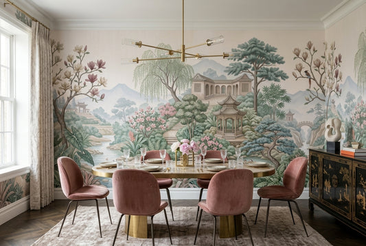 Pastel Chinese Garden Chinoiserie Wallpaper Mural - 1