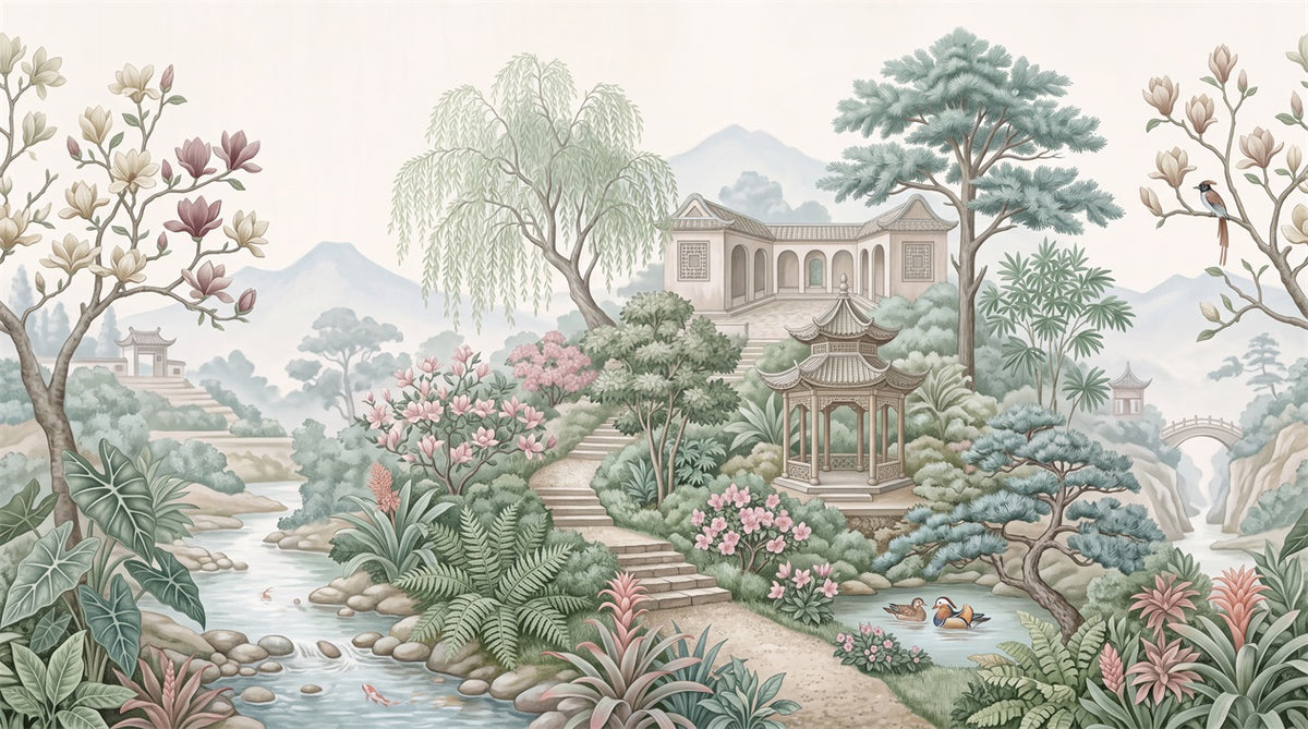 Pastel Chinese Garden Chinoiserie Wallpaper Mural - 2