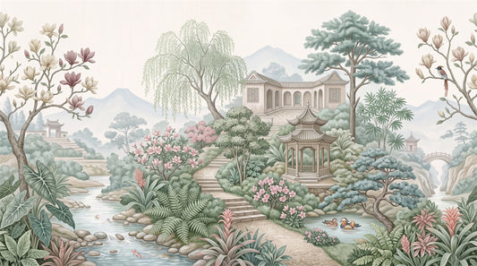 Pastel Chinese Garden Chinoiserie Wallpaper Mural - 2