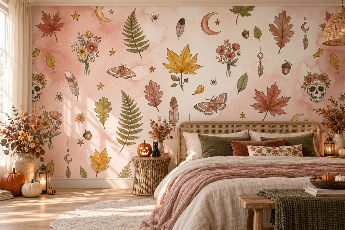 Autumn Leaves Ferns Moths and Celestial Charms Halloween Wallpaper Mural - image 3