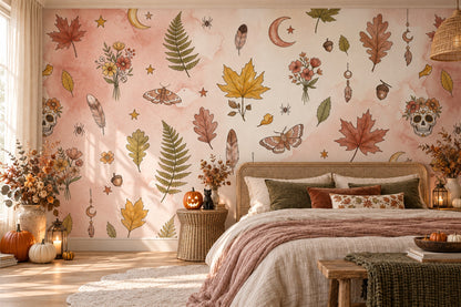 Autumn Leaves Ferns Moths and Celestial Charms Halloween Wallpaper Mural - image 3