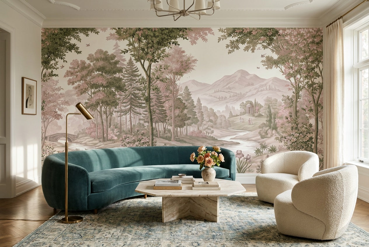 Pink Mountain Forest Landscape Wallpaper Mural - 1
