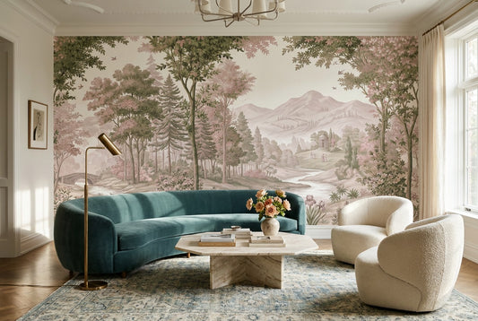 Pink Mountain Forest Landscape Wallpaper Mural - 1