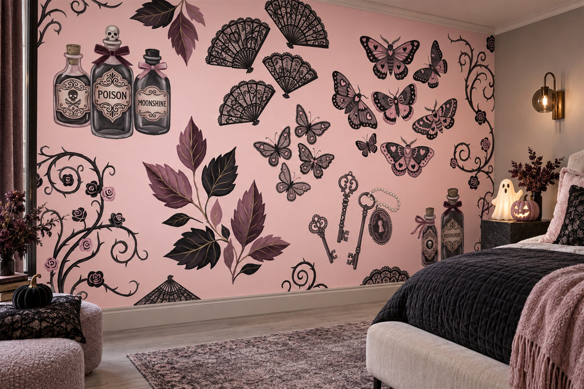 Potion Bottles Moths Keys and Black Leaves Halloween Wallpaper Mural - image 3