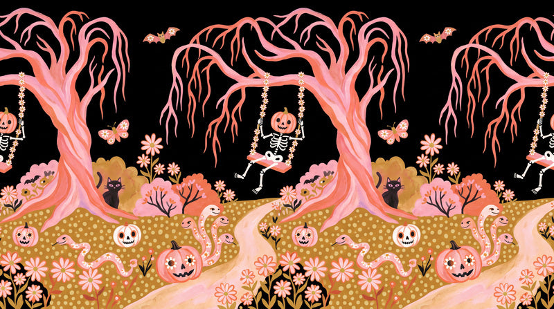 Pink Haunted Trees Skeletons Ghosts and Pumpkins Halloween Wallpaper Mural