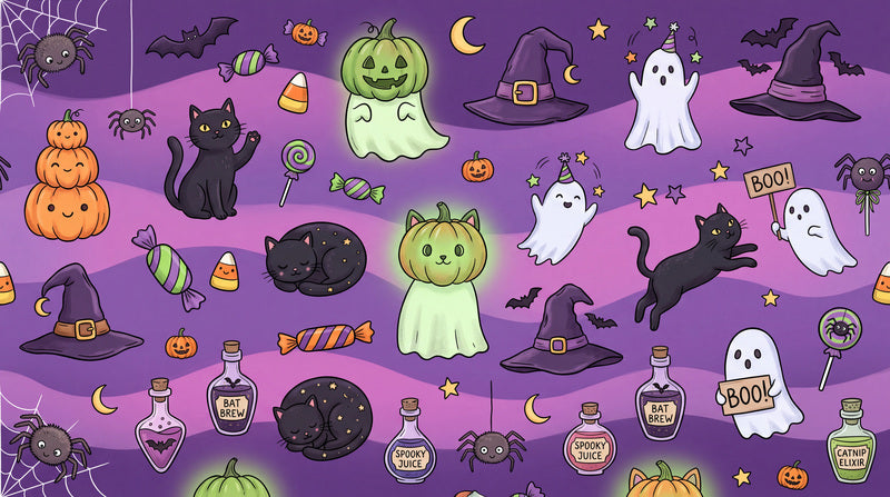 Cats Ghosts Pumpkins Candy and Witch Hats Halloween Wallpaper Mural - image 2