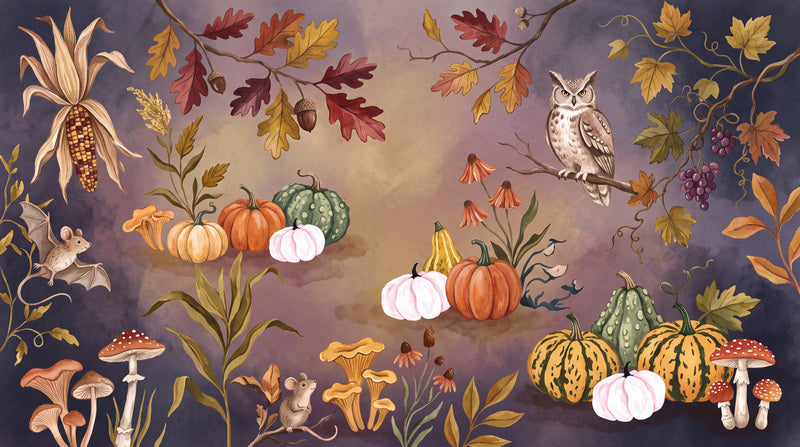 Owl Pumpkins Mushrooms and Autumn Leaves Halloween Wallpaper Mural - image 2