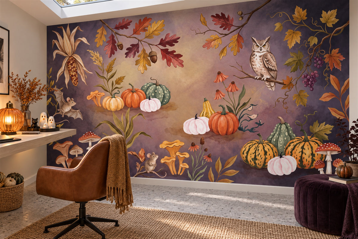 Owl Pumpkins Mushrooms and Autumn Leaves Halloween Wallpaper Mural - image 3