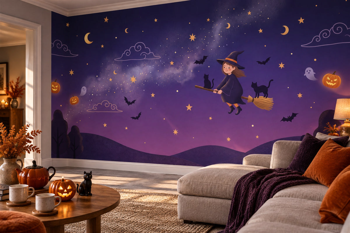 Flying Witch Cats Bats Ghosts and Purple Sky Halloween Wallpaper Mural - image 4