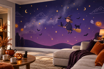 Flying Witch Cats Bats Ghosts and Purple Sky Halloween Wallpaper Mural - image 4