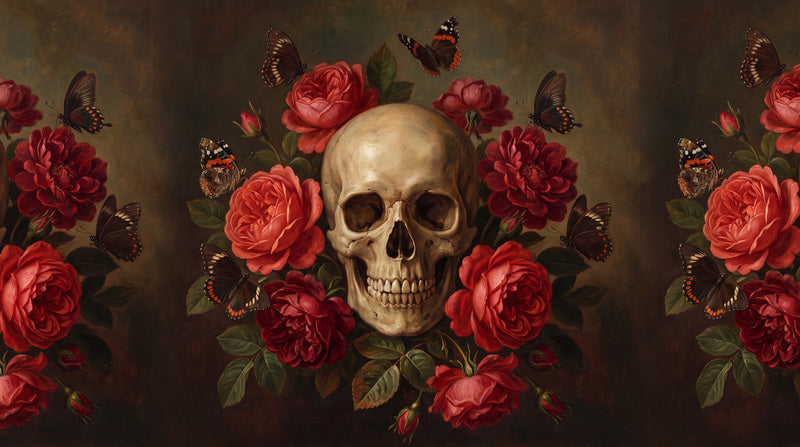 Skull with Red Roses Halloween Wallpaper Mural