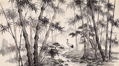 Bamboo Forest Cranes Black Wallpaper Mural - image 2