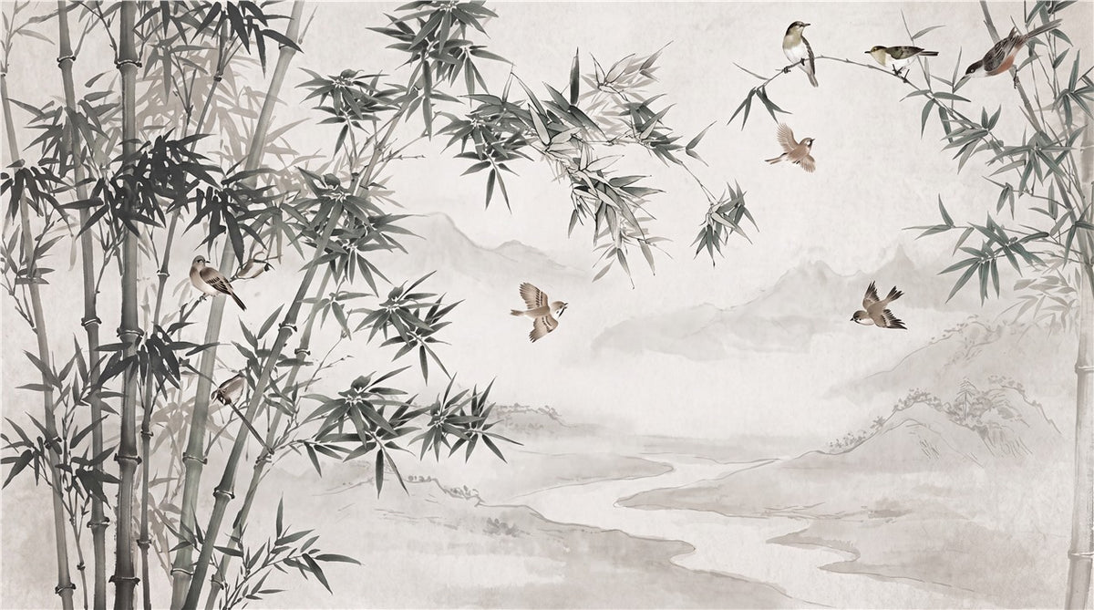 Bamboo Forest Riverscape Ebony Wallpaper Mural