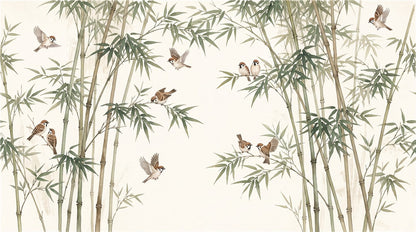 Bamboo Forest Sparrows Olive Wallpaper Mural - image 5