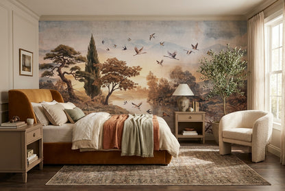 Rust Birds and Trees Landscape Wallpaper Mural - 4