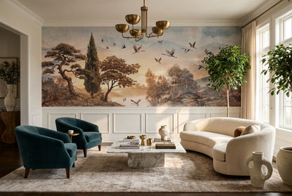 Rust Birds and Trees Landscape Wallpaper Mural - 5