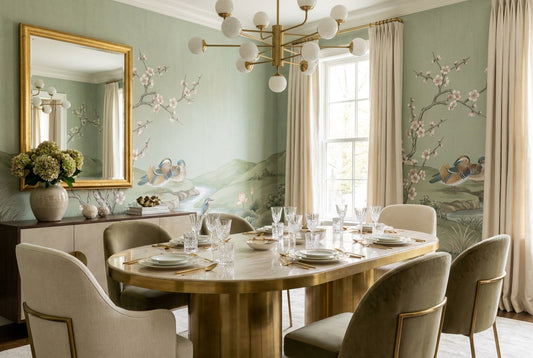 Sage Lotus Birds Chinoiserie Wallpaper Mural - 1