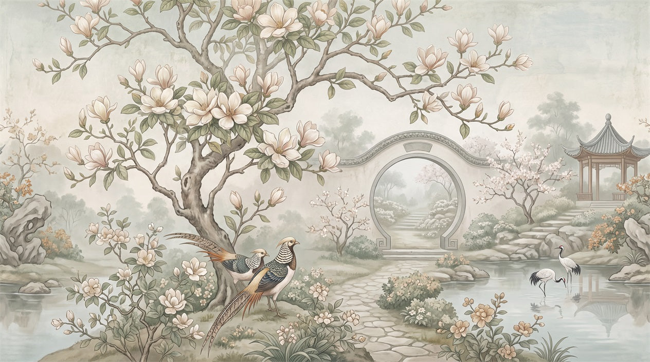 Sage Magnolia Moon Gate Chinoiserie Wallpaper Mural - 2