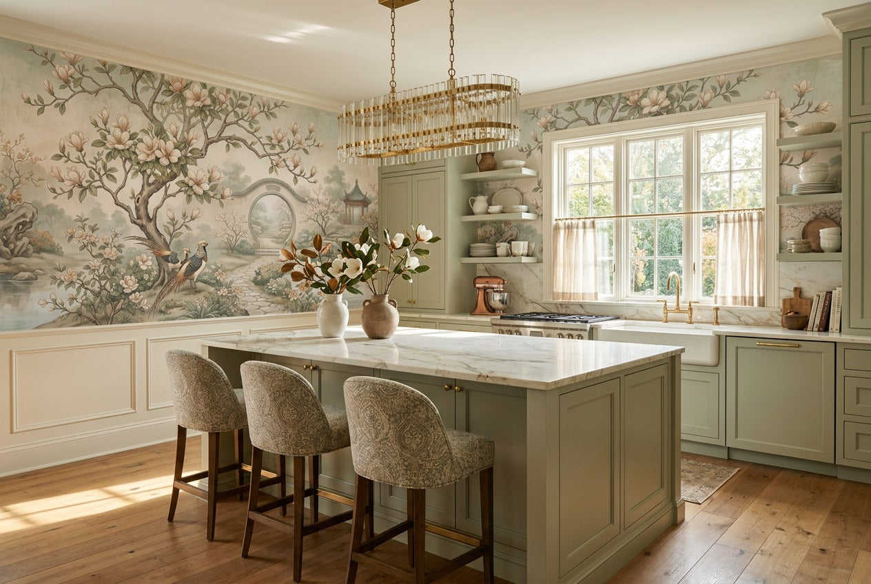 Sage Magnolia Moon Gate Chinoiserie Wallpaper Mural - 5