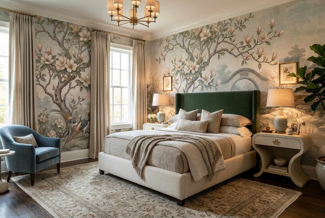 Sage Magnolia Moon Gate Chinoiserie Wallpaper Mural - 4