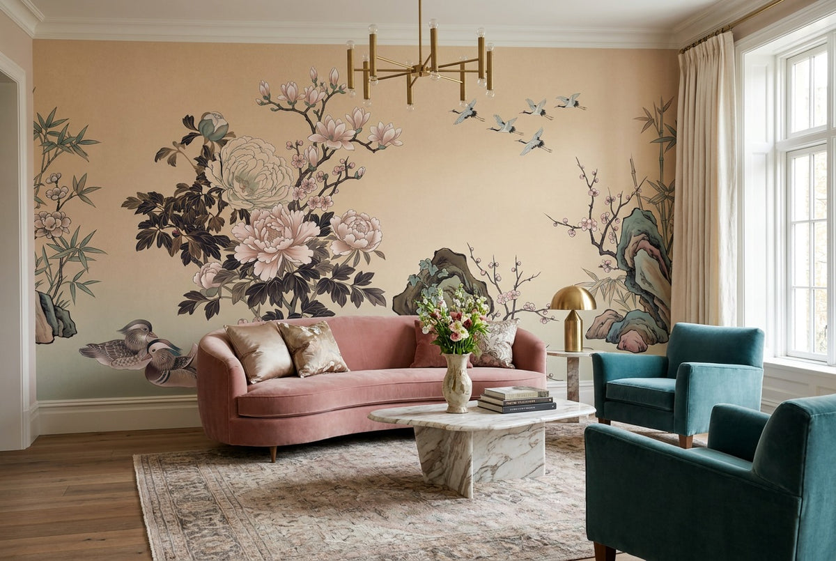 Sand Peony Garden Chinoiserie Wallpaper Mural - 6