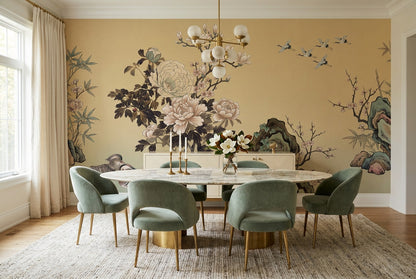 Sand Peony Garden Chinoiserie Wallpaper Mural - 1