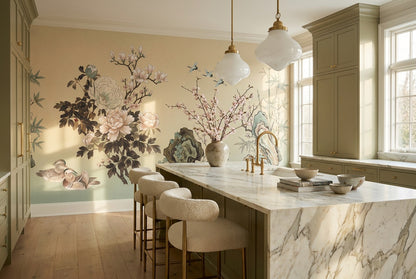 Sand Peony Garden Chinoiserie Wallpaper Mural - 5