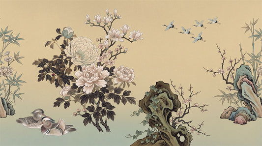 Sand Peony Garden Chinoiserie Wallpaper Mural - 2