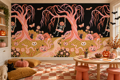 Pink Haunted Trees Skeletons Ghosts and Pumpkins Halloween Wallpaper Mural - image 3