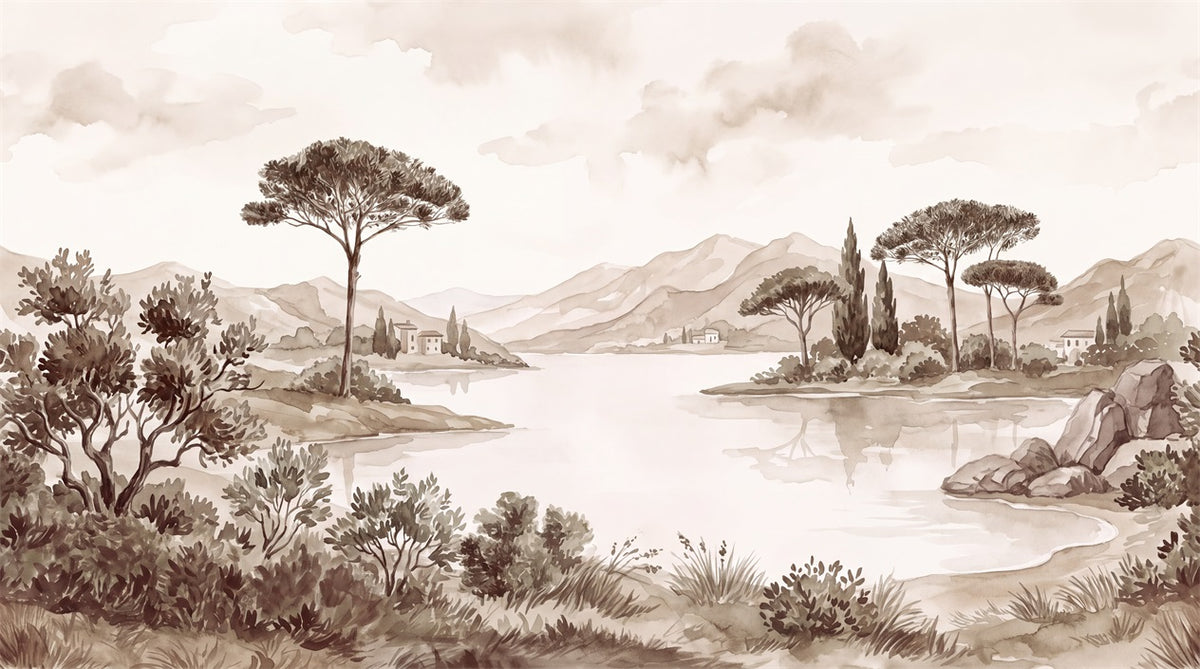 Sepia Pine Lake Landscape Wallpaper Mural - 2