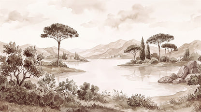 Sepia Pine Lake Landscape Wallpaper Mural - 2