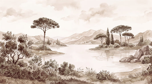 Sepia Pine Lake Landscape Wallpaper Mural - 2