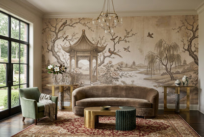 Sepia Waterside Pavilion Chinoiserie Wallpaper Mural - 5
