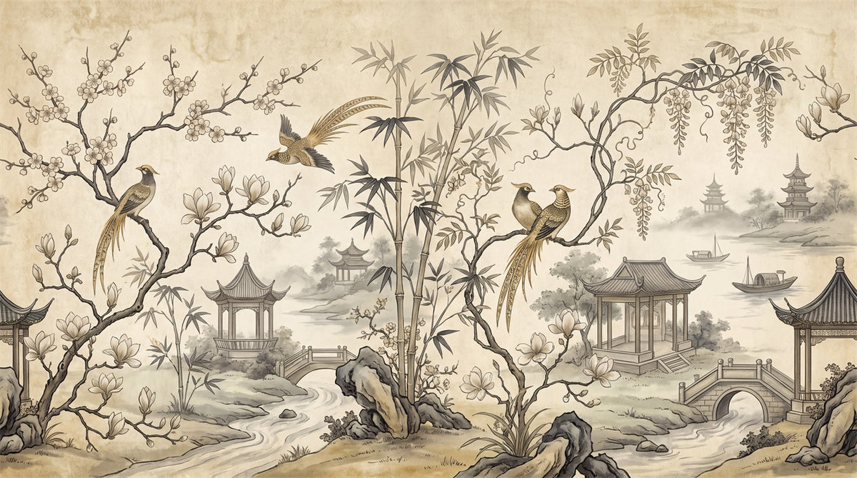 Sepia Pavilion and Bird Chinoiserie Wallpaper Mural - 2