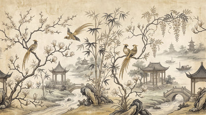 Sepia Pavilion and Bird Chinoiserie Wallpaper Mural - 2