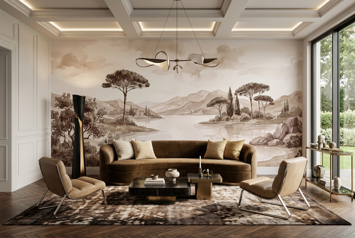 Sepia Pine Lake Landscape Wallpaper Mural - 1