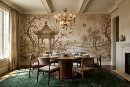 Sepia Waterside Pavilion Chinoiserie Wallpaper Mural - 1
