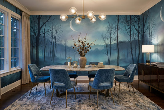 Misty Blue Crescent Moon Forest Wallpaper Mural room scene