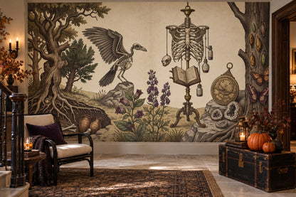 Skeleton Specimen Raven and Woodland Botanicals Halloween Wallpaper Mural - image 4