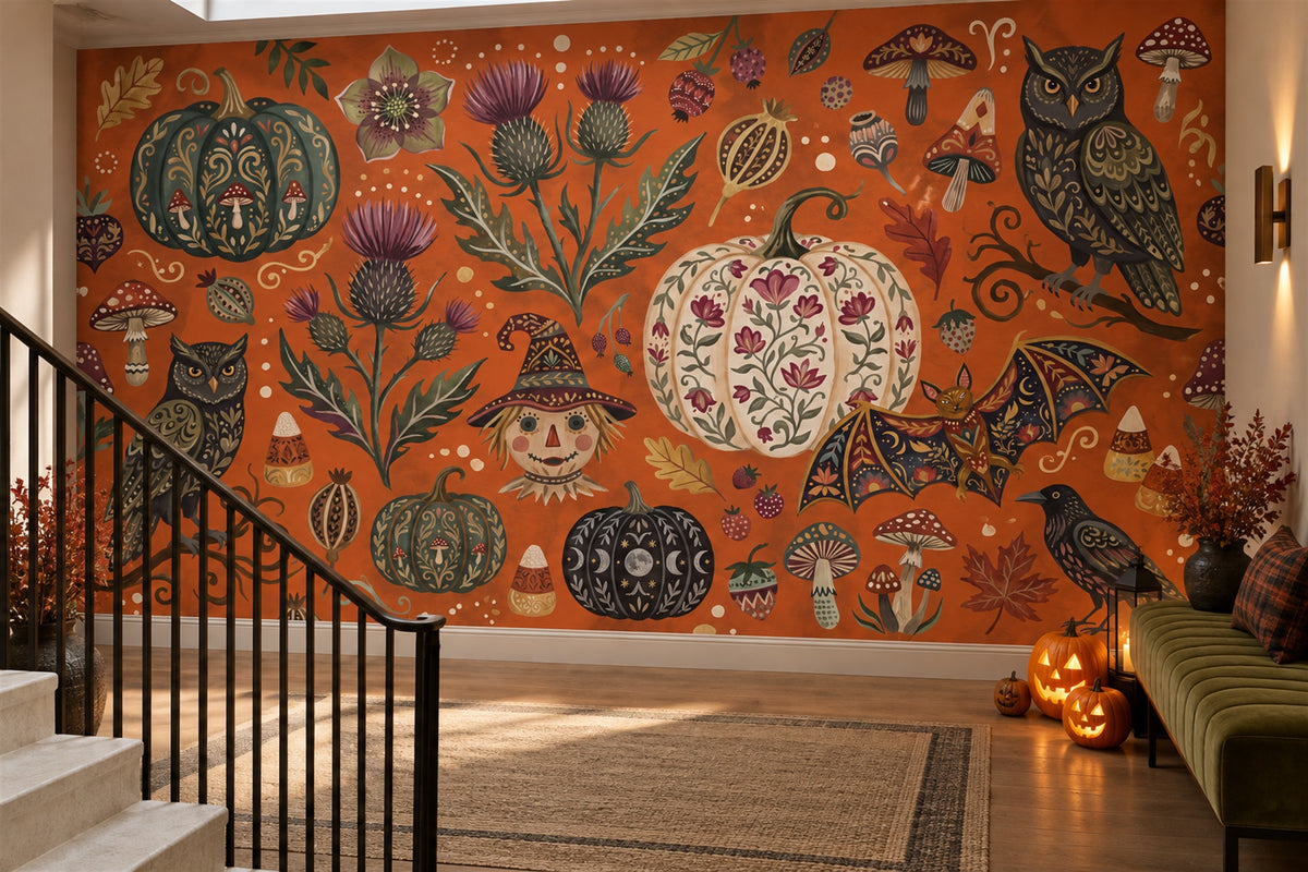 Owls Pumpkins and Mushrooms Halloween Wallpaper Mural - image 4