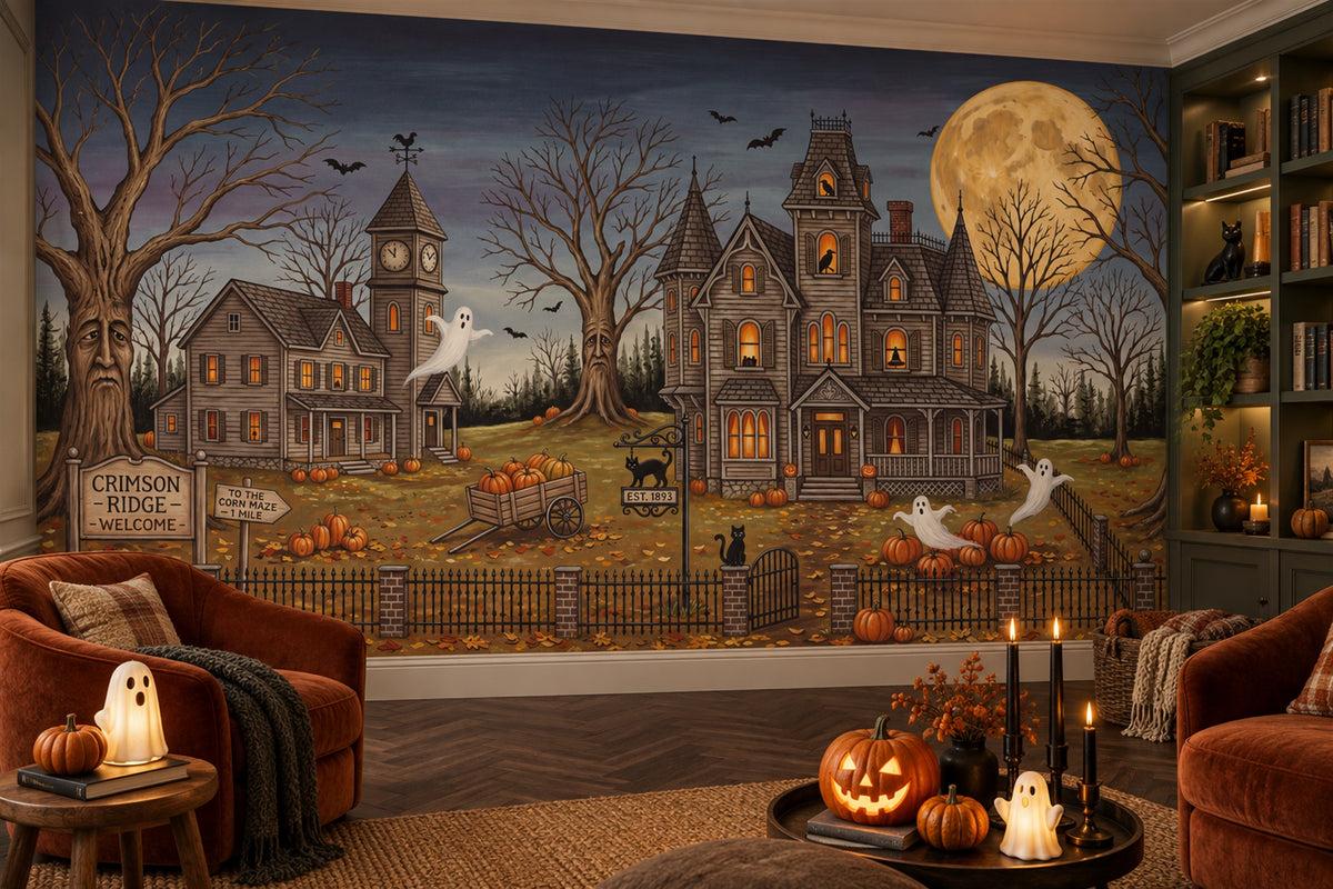 Haunted Houses Ghosts Pumpkins and Full Moon Halloween Wallpaper Mural - image 3