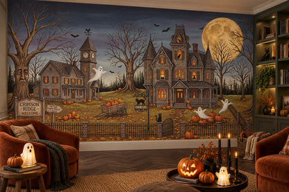Haunted Houses Ghosts Pumpkins and Full Moon Halloween Wallpaper Mural - image 3